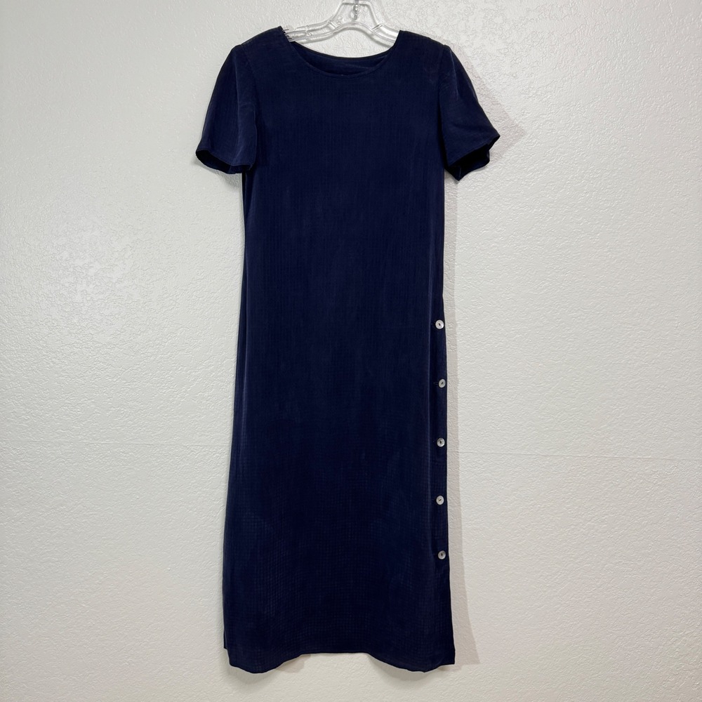 Vtg Talbots Dress Womens 4 Blue Cupro Side Button Short Sleeve Sheath